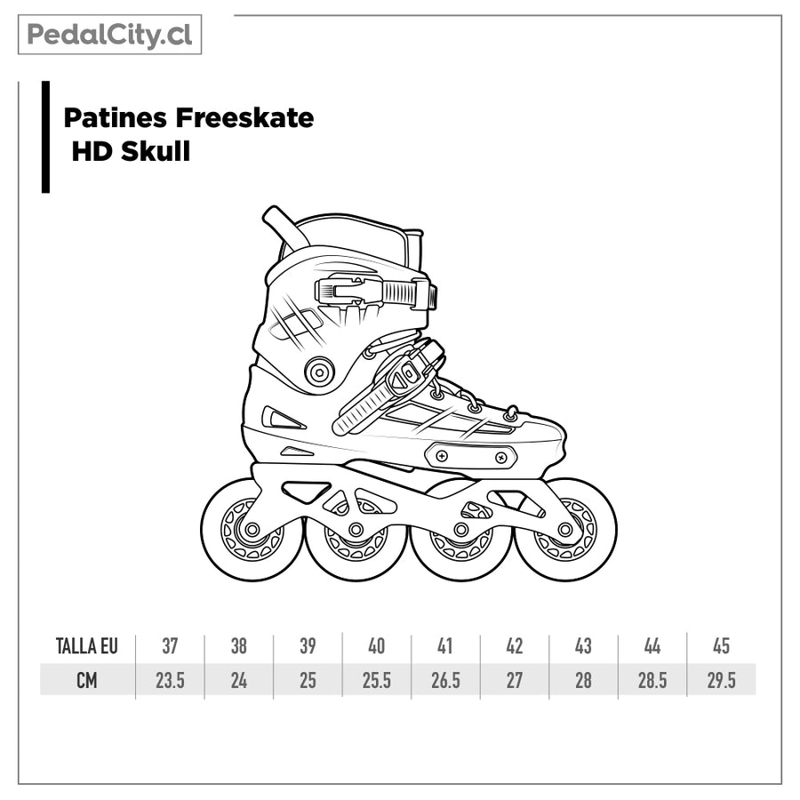 Tabla de tallas de los patines freeskate HD Skull: tallas 37 a 45
