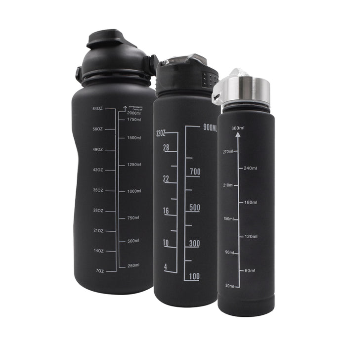 Pack de tres botellas motivacionales Tomatodo negras de 2 litros, 900 ml y 500 ml