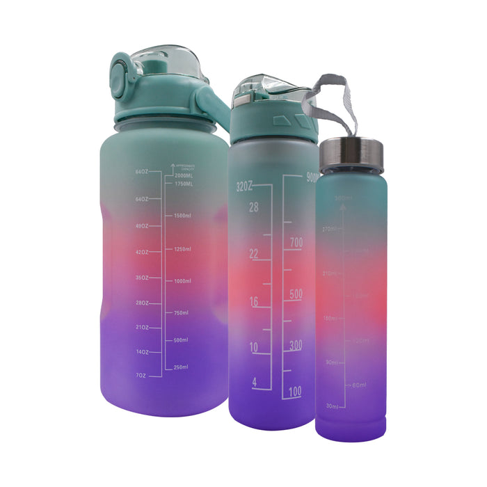 Pack de tres botellas motivacionales Tomatodo en degradado verde, rosado y morado