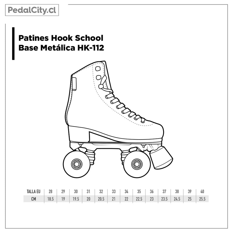 Tabla de tallas de los patines Hook School HK-112: tallas 28 a 40, de 18,5 a 25,5 cm