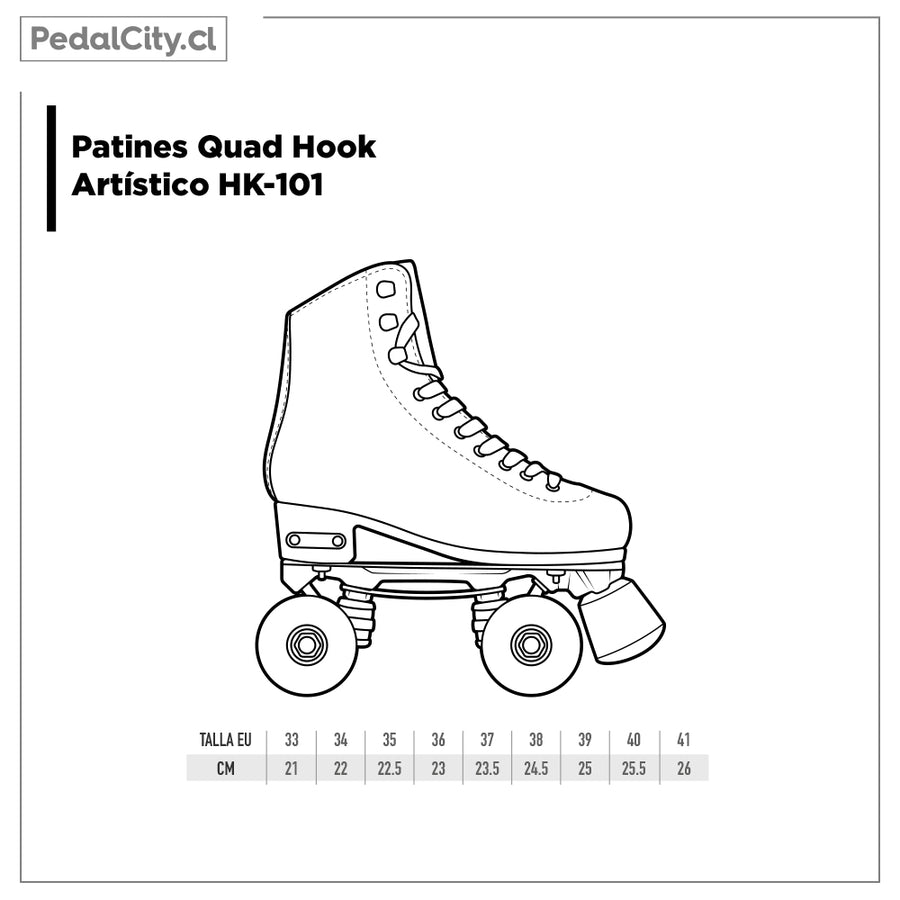 Tabla de tallas de los patines quad Hook Artístico HK-101: tallas 33 a 41, de 21 a 26 cm
