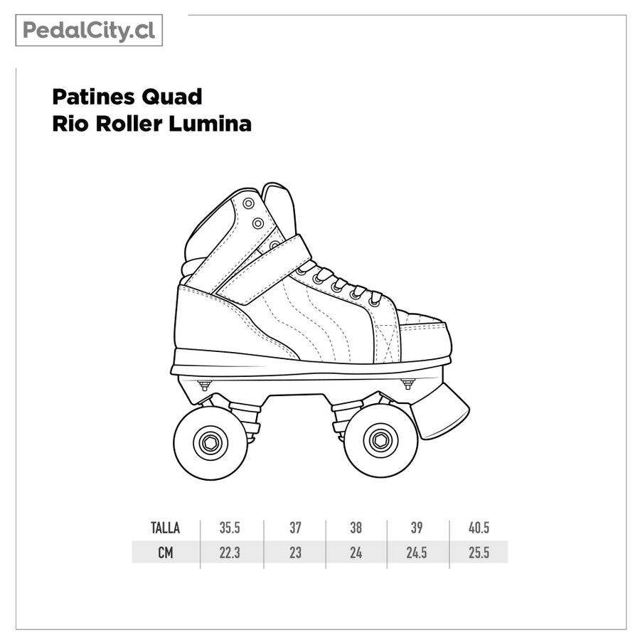 Tabla de tallas de los patines quad Rio Roller Lumina: tallas 35,5 a 40,5