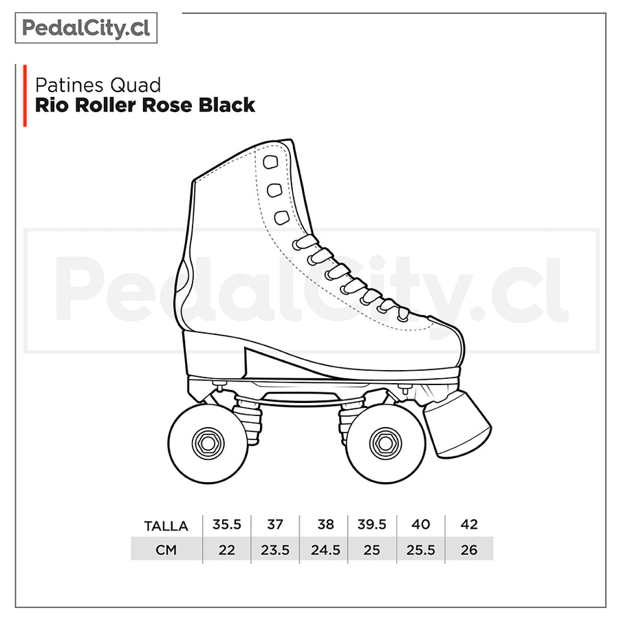 Tabla de tallas de los patines quad Rio Roller Rose: tallas 35,5 a 42