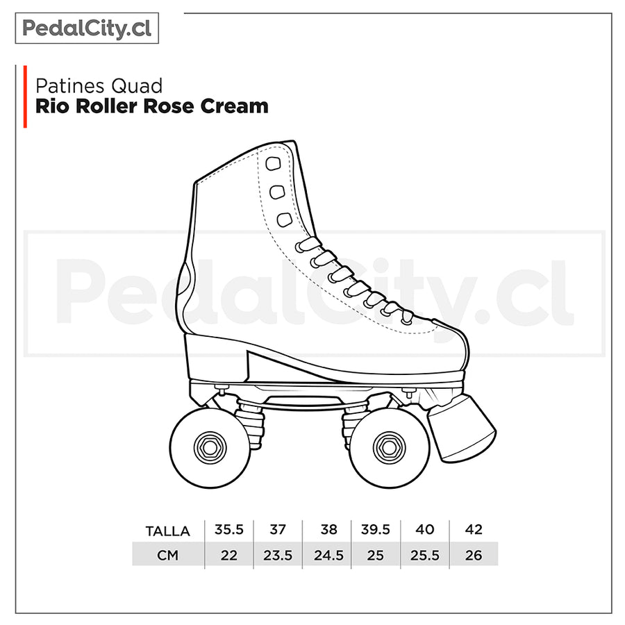 Tabla de tallas de los patines quad Rio Roller Rose: tallas 35,5 a 42