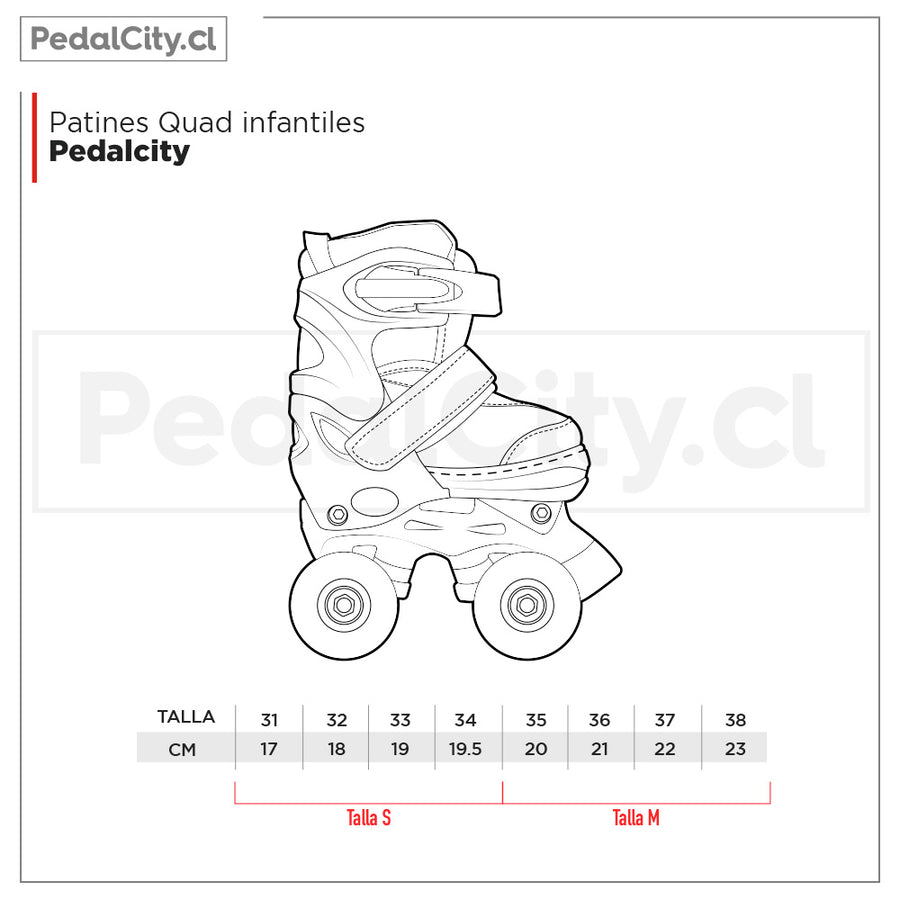 Tabla de tallas de los patines quad infantiles Pedalcity: S (31 a 34) y M (35 a 38), de 17 a 23 cm