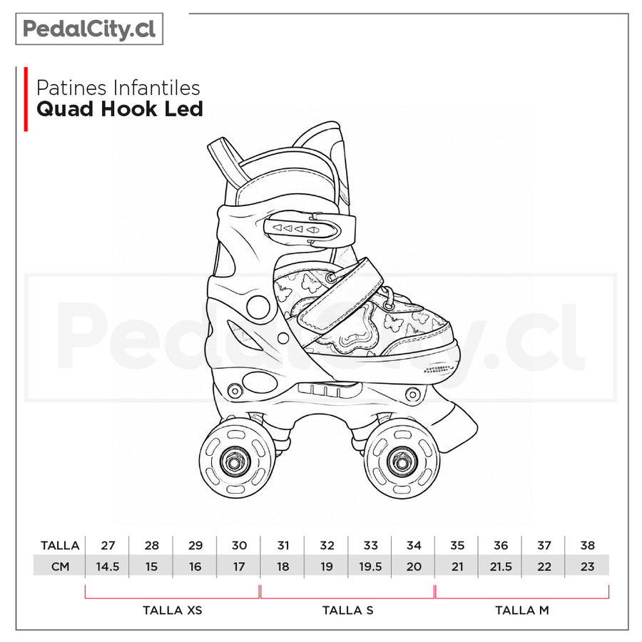 Tabla de tallas de los patines quad infantiles Hook LED: XS (27 a 30), S (31 a 34) y M (35 a 38)