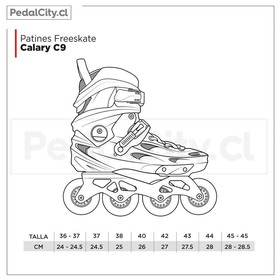 Tabla de tallas de los patines freeskate Calary C9: tallas 36 a 45, de 24 a 28,5 cm