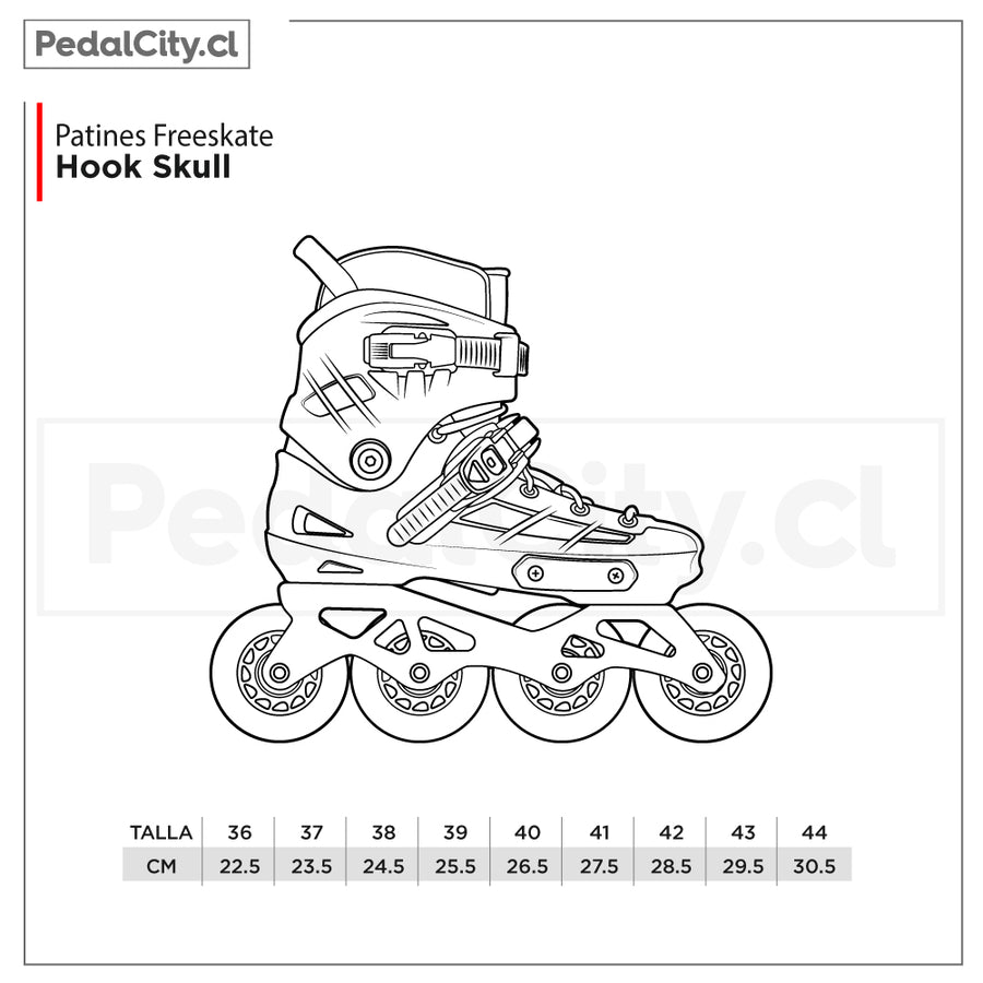 Tabla de tallas de los patines freeskate Hook Skull: tallas 36 a 44, de 22,5 a 30,5 cm