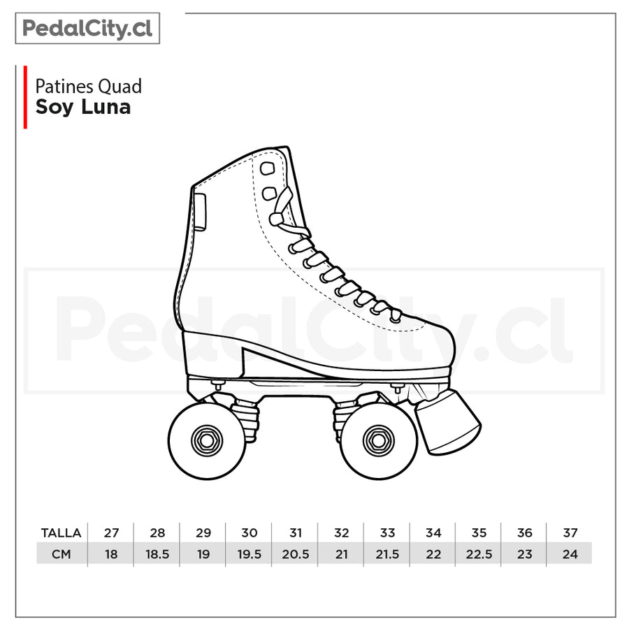 Tabla de tallas de los patines quad OnWheels Soy Luna: tallas 27 a 37, de 18 a 24 cm