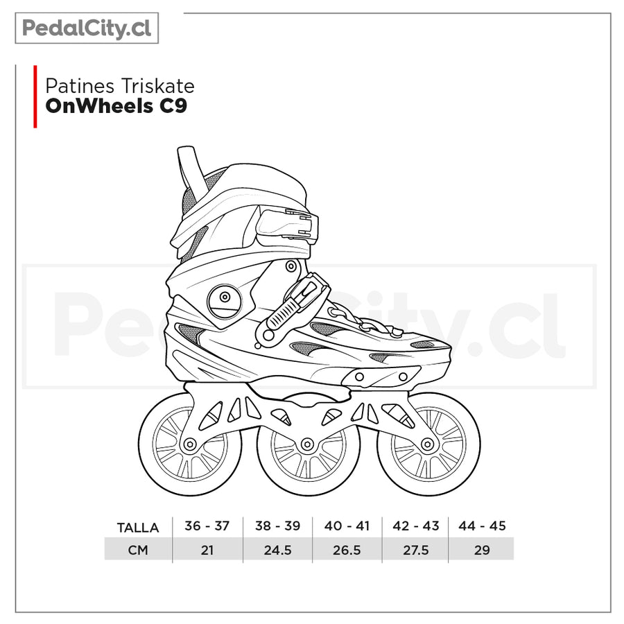 Tabla de tallas de los patines triskate OnWheels C9: tallas 36-37 a 44-45, de 21 a 29 cm
