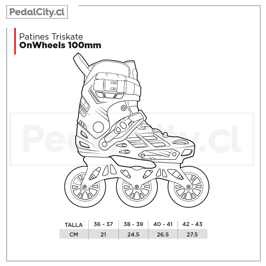 Tabla de tallas de los patines triskate OnWheels 100 mm, de la 36 a la 43
