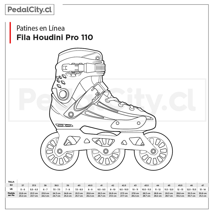 Tabla de tallas de los patines Fila Houdini Pro 110 en tallas EU y US, con el largo del pie en cm