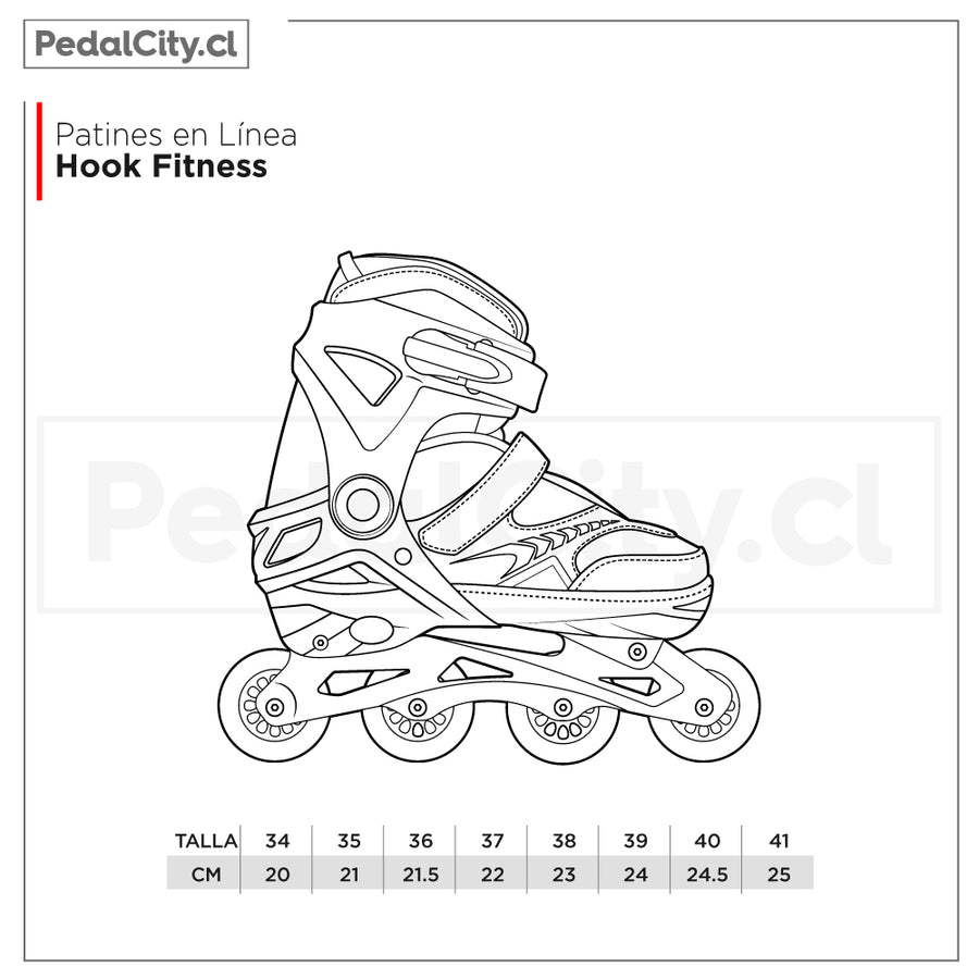 Tabla de tallas de los patines en línea Hook Fitness: tallas 34 a 41, de 20 a 25 cm