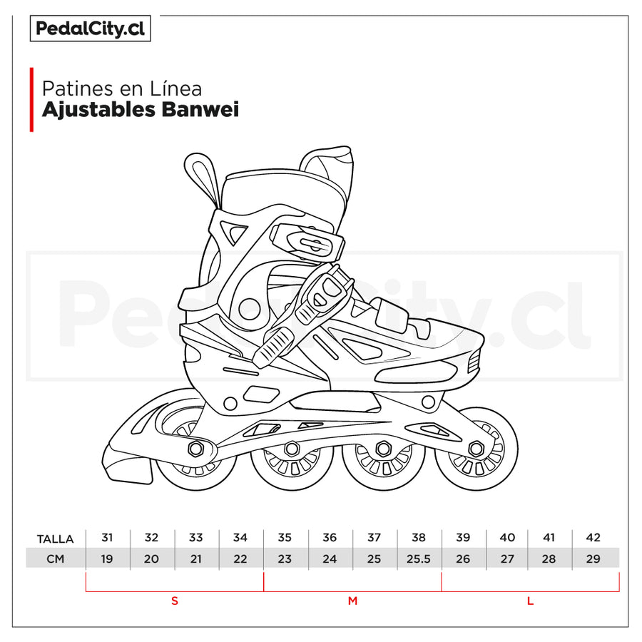 Tabla de tallas de los patines en línea ajustables BanWei: S (31-34), M (35-38) y L (39-42)