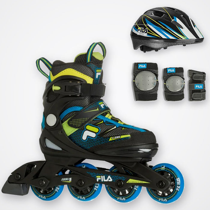 Kit Fila J-ONE azul: patines en línea, casco y set de protecciones