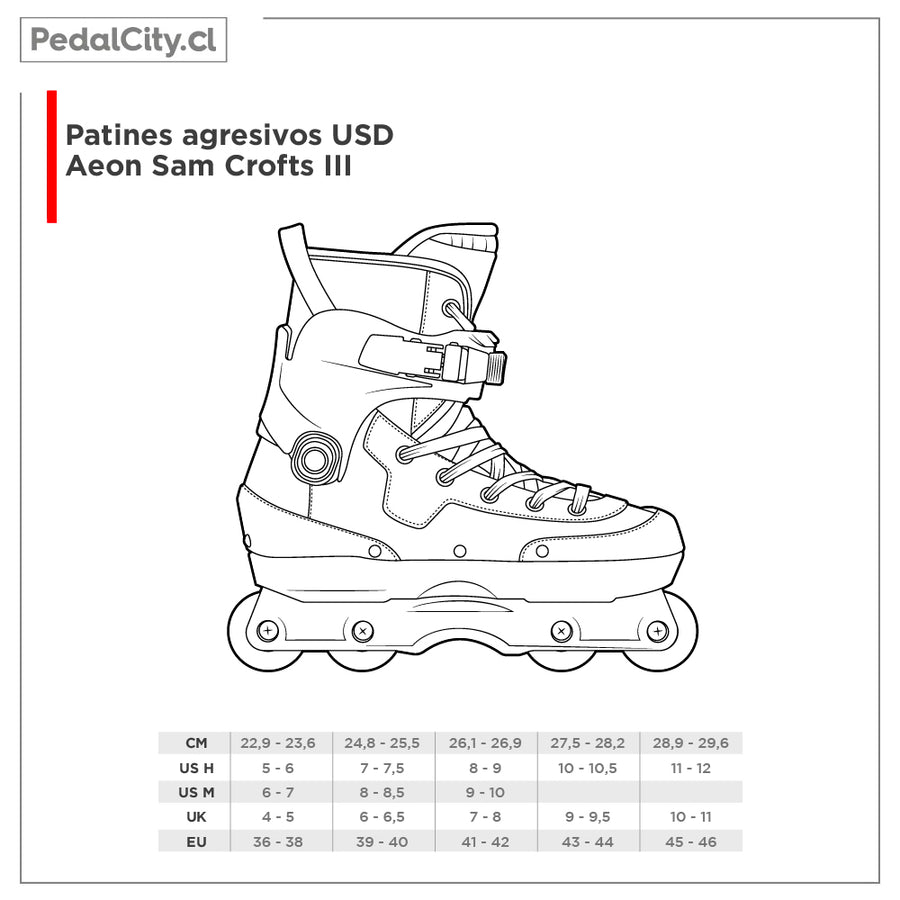 Tabla de tallas patines agresivos USD Aeon Sam Crofts III
