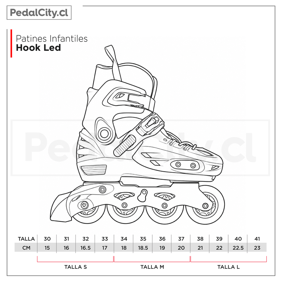 Tabla de tallas de los patines infantiles Hook LED: talla S (30 a 33), M (34 a 37) y L (38 a 41)