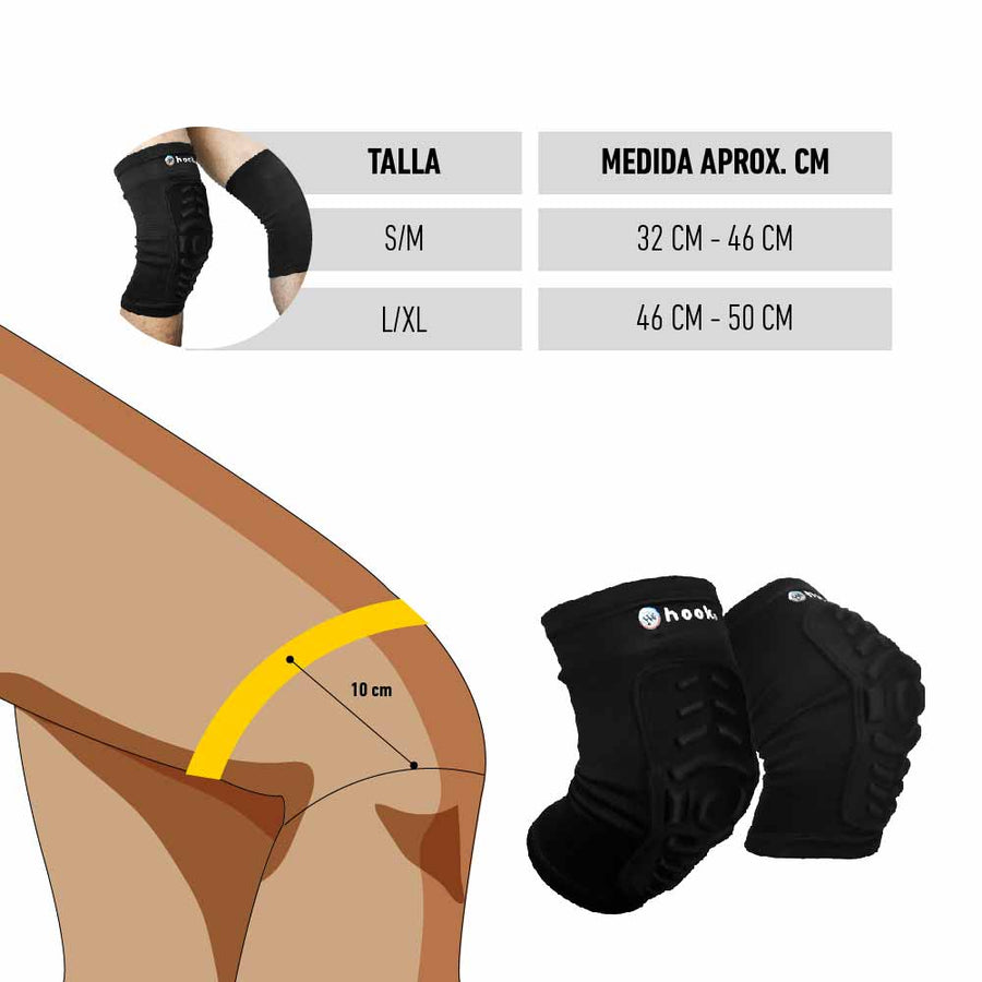Guía de tallas de las rodilleras Hook Pro 408: S/M 32-46 cm y L/XL 46-50 cm de contorno de rodilla