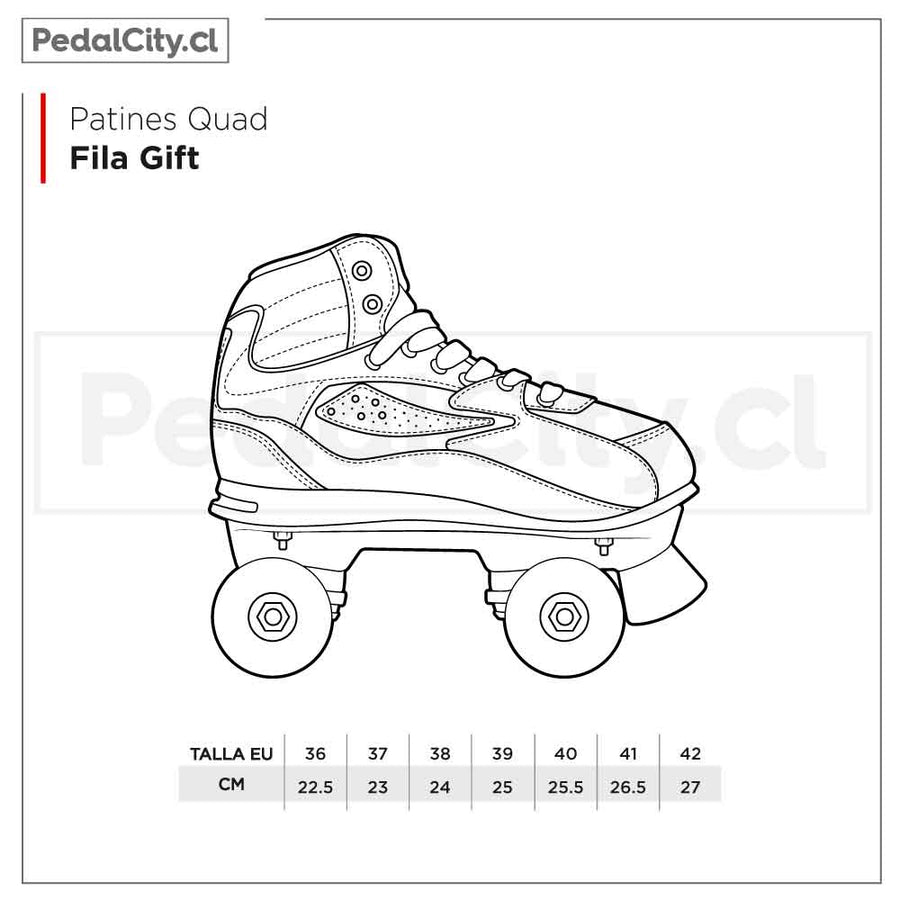 Tabla de tallas de los patines quad Fila Gift: tallas 36 a 42, de 22,5 a 27 cm