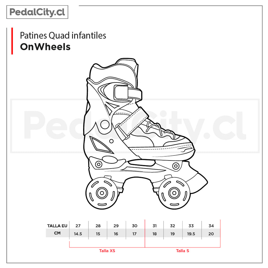 Tabla de tallas de los patines quad infantiles OnWheels: talla XS (27 a 30) y talla S (31 a 34)