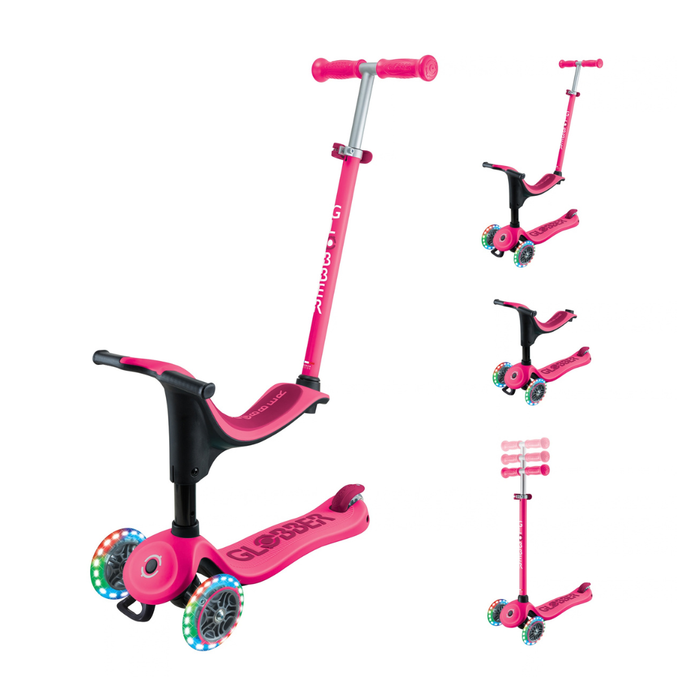 Scooter Globber Go Up Sporty Lights Dark Pink y sus 3 modos: correpasillos con manilla, correpasillos libre y scooter