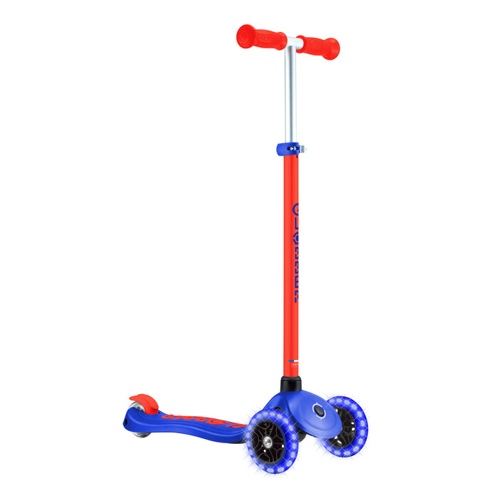 Scooter Globber Primo Plus Lights Neon Blue vista frontal en ángulo