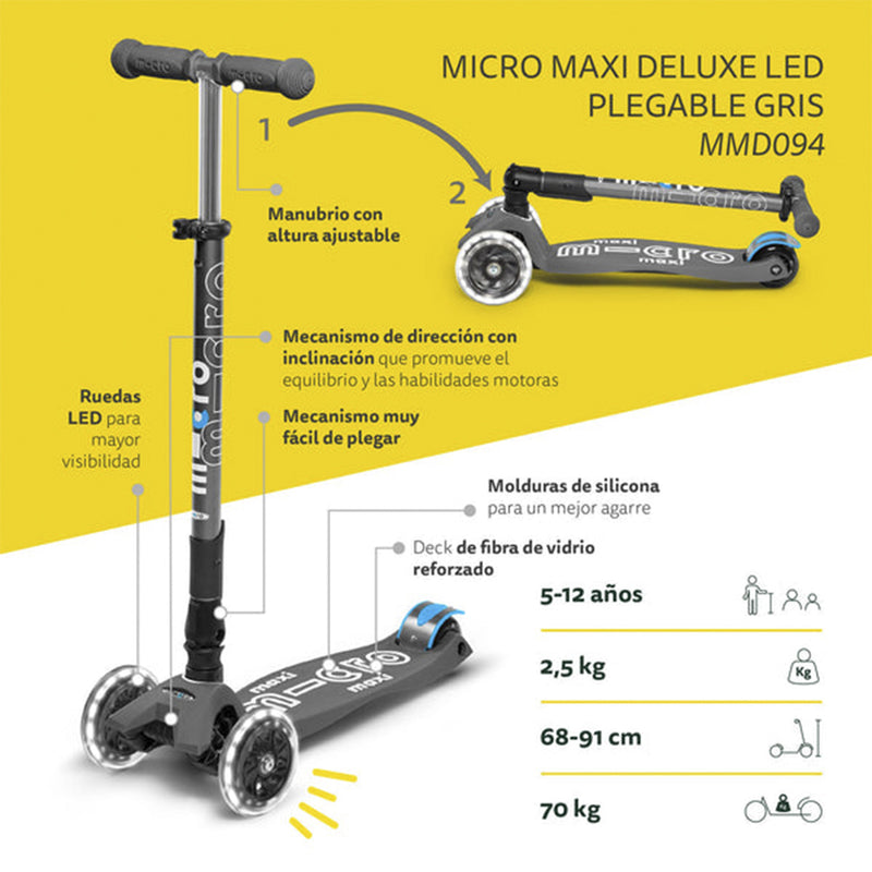 Scooter Micro Maxi Deluxe Led Plegable Gris