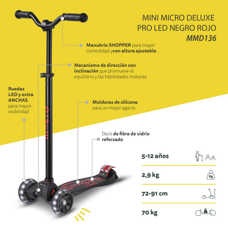 Scooter Micro Maxi Deluxe Pro Led Negro/Rojo