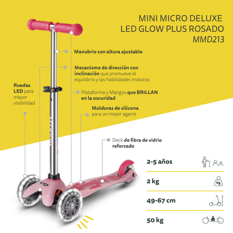 Scooter Micro Mini Deluxe Led Brilla de Noche Rosado