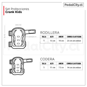 Tabla de tallas del set de protecciones Crank Kids: rodillera y codera talla S