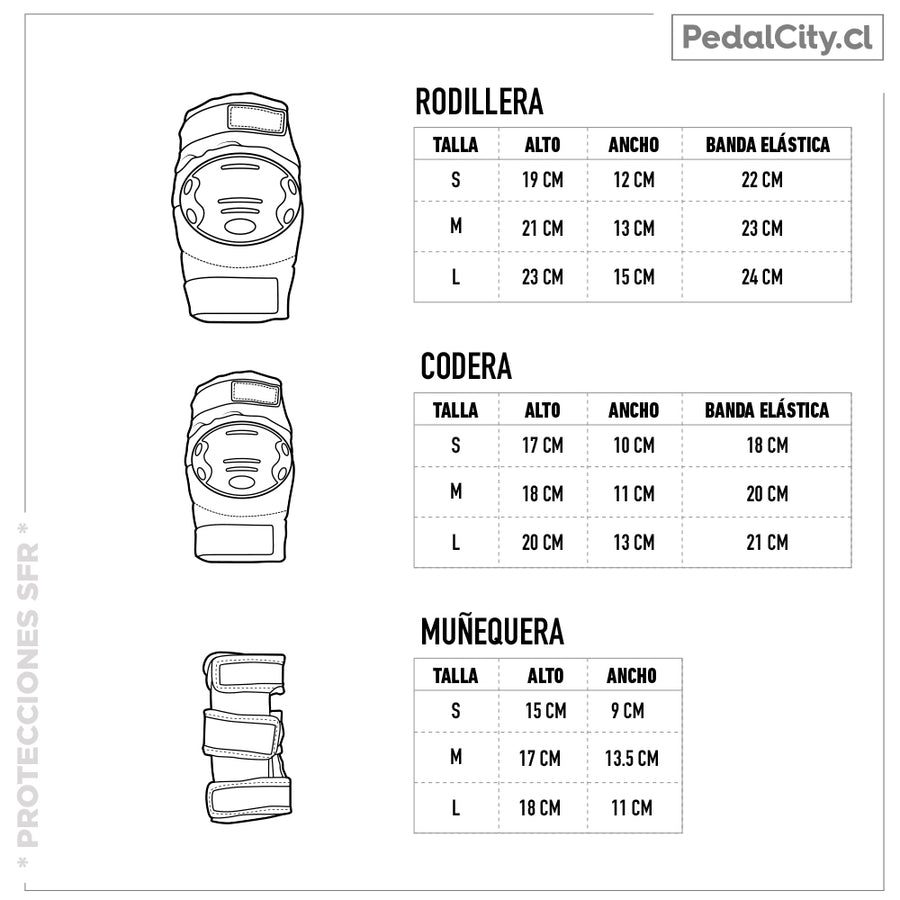 Tabla de tallas de las protecciones infantiles SFR: rodillera, codera y muñequera de S a L