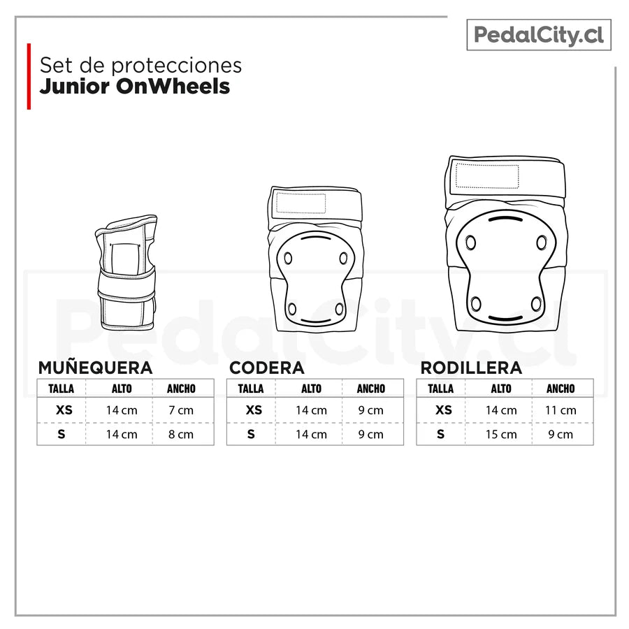 Tabla de tallas del set de protecciones junior OnWheels: tallas XS y S de muñequera, codera y rodillera