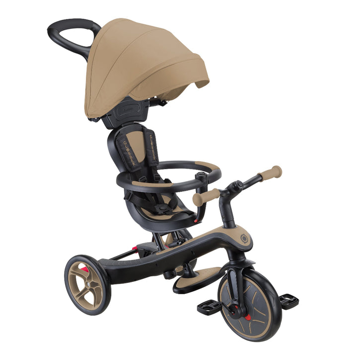 Triciclo 4 en 1 Globber Explorer negro y beige con capota y barra para empujar