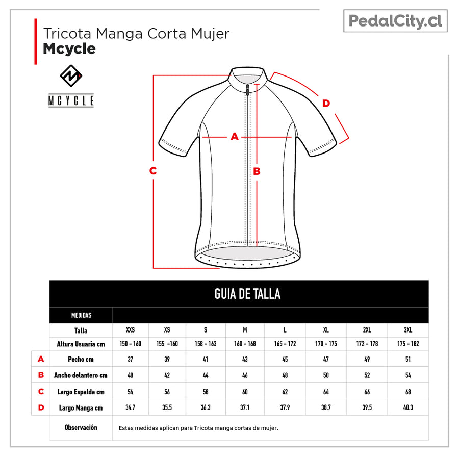 Guía de tallas de la tricota manga corta mujer Mcycle