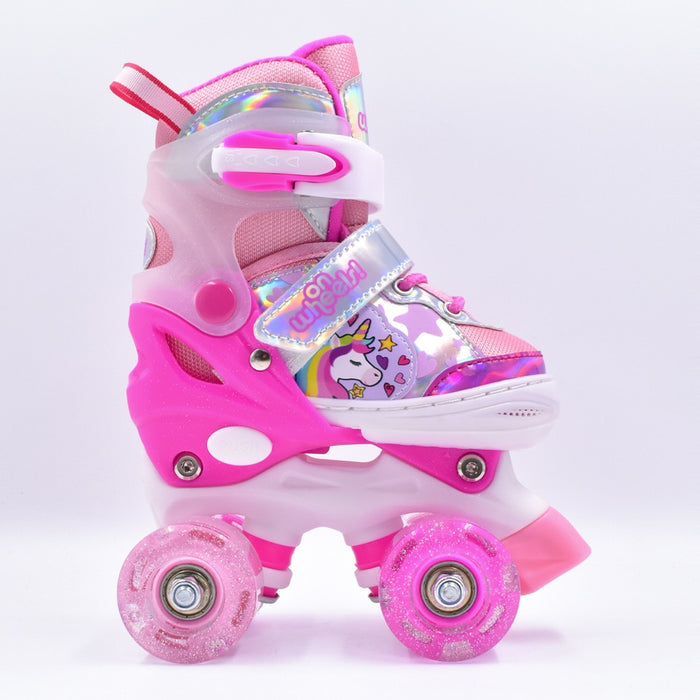 Patín quad infantil OnWheels Rosa Unicornio con ruedas LED, vista lateral