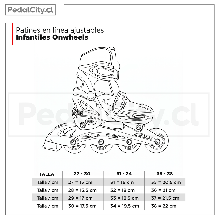 Tabla de tallas de los patines en línea ajustables infantiles OnWheels: 27-30, 31-34 y 35-38, de 15 a 22 cm
