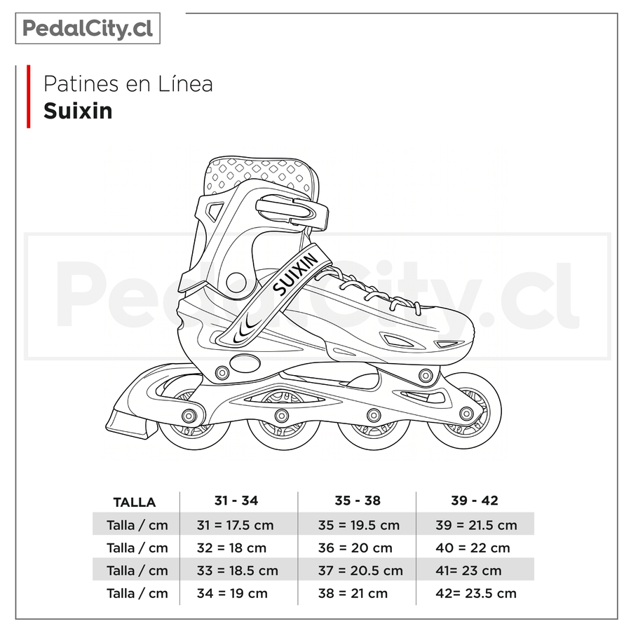 Tabla de tallas de los patines en línea Suixin: 31-34, 35-38 y 39-42