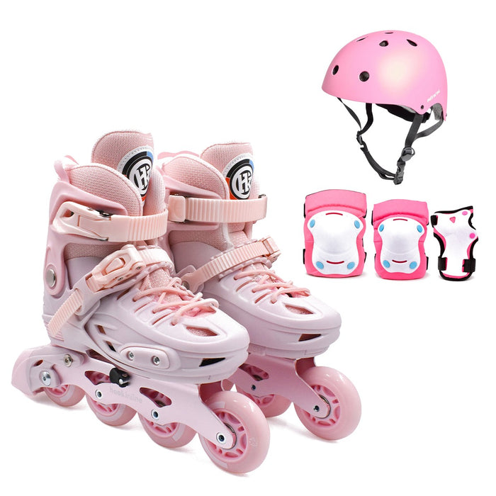 Kit Hook Pastel Pink: patines en línea LED rosados, casco Mitical Pink y protecciones Hook 404 rosadas