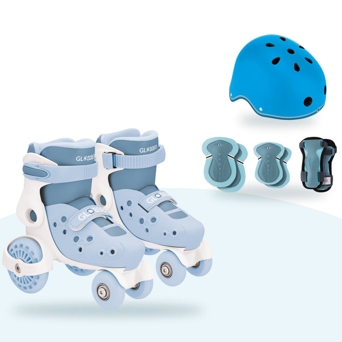 Kit Globber Quad Azul: patines quad Asch Blue, casco Primo Lights Sky Blue y protecciones Pastel Blue