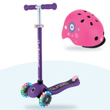 Kit Globber: scooter Primo Lights Dark Purple y casco Primo Fantasy Deep Pink Flowers