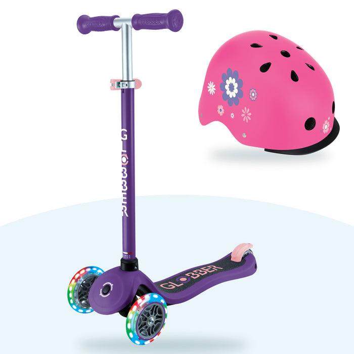 Kit Globber: scooter Primo Lights Dark Purple y casco Primo Fantasy Deep Pink Flowers
