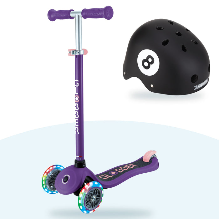 Kit Globber: scooter Primo Lights Dark Purple y casco Primo Fantasy 8 Ball Black