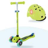 Kit Globber: scooter Primo Lights Lime Green Navy Blue y casco Primo Fantasy Lime Green Flowers