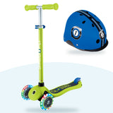 Kit Globber: scooter Primo Lights Lime Green Navy Blue y casco Primo Fantasy Navy Blue Racing