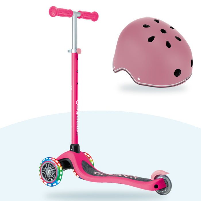 Kit Globber: scooter Primo Lights Fuchsia y casco Primo Lights Deep Pastel Pink