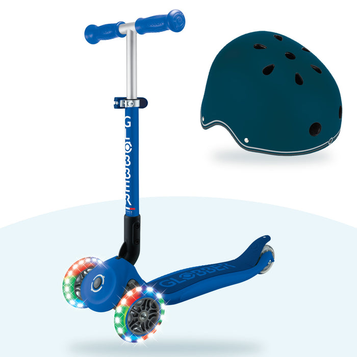Kit Globber: scooter Lights Plegable Navy Blue y casco Primo Lights Petrol Blue