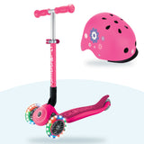 Kit Globber: scooter Lights Plegable Fuchsia y casco Primo Fantasy Deep Pink Flowers