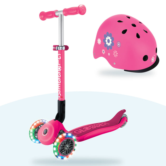 Kit Globber: scooter Lights Plegable Fuchsia y casco Primo Fantasy Deep Pink Flowers