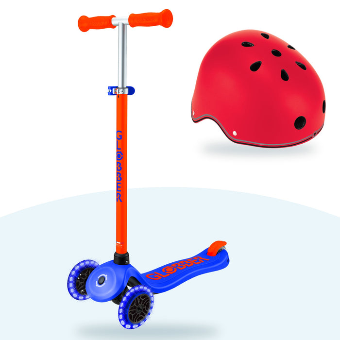 Kit Globber: scooter Primo Plus Lights Neon Blue y casco Primo Lights Red