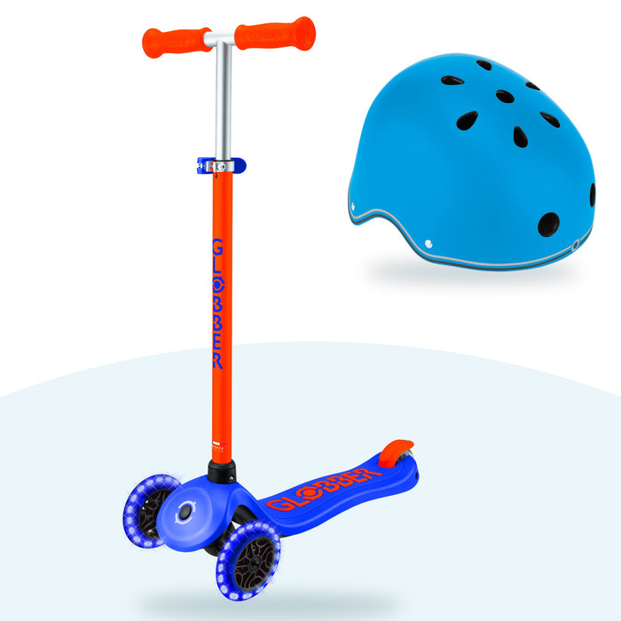 Kit Globber: scooter Primo Plus Lights Neon Blue y casco Primo Lights Sky Blue